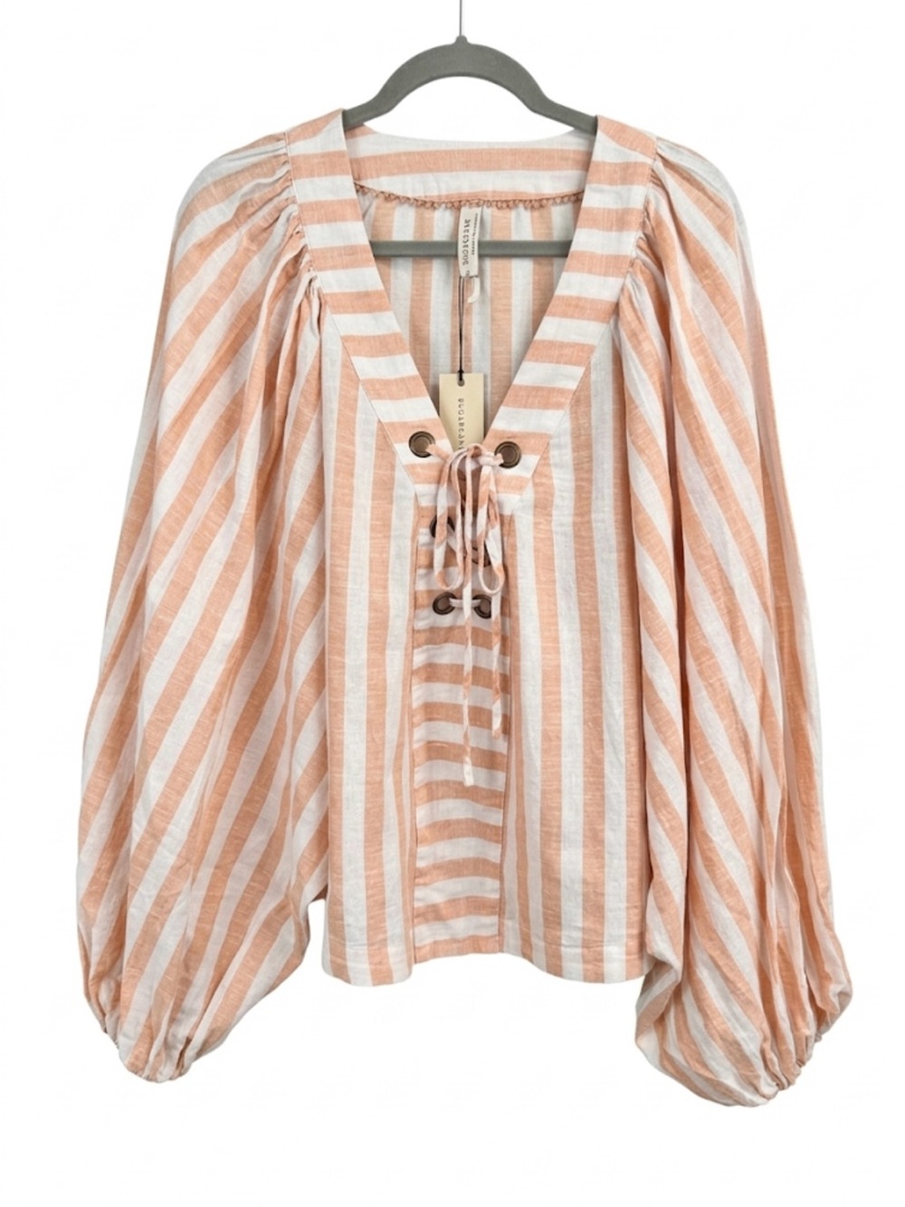 NWT Anthropologie Linen Dolman Lace Up Blouse XL Striped Coastal Summer Top